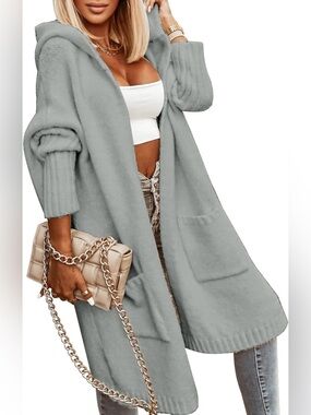 Cozy Hooded Open-Front Long Cardigan Sweater - Light Gray NEVER WORN